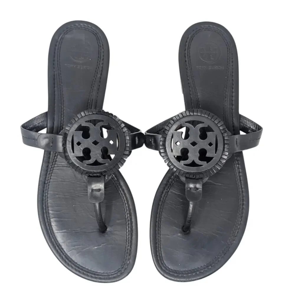 Tory Burch Miller Fringe Sandals Black Size 9 Logo Thong Leather Flat‎